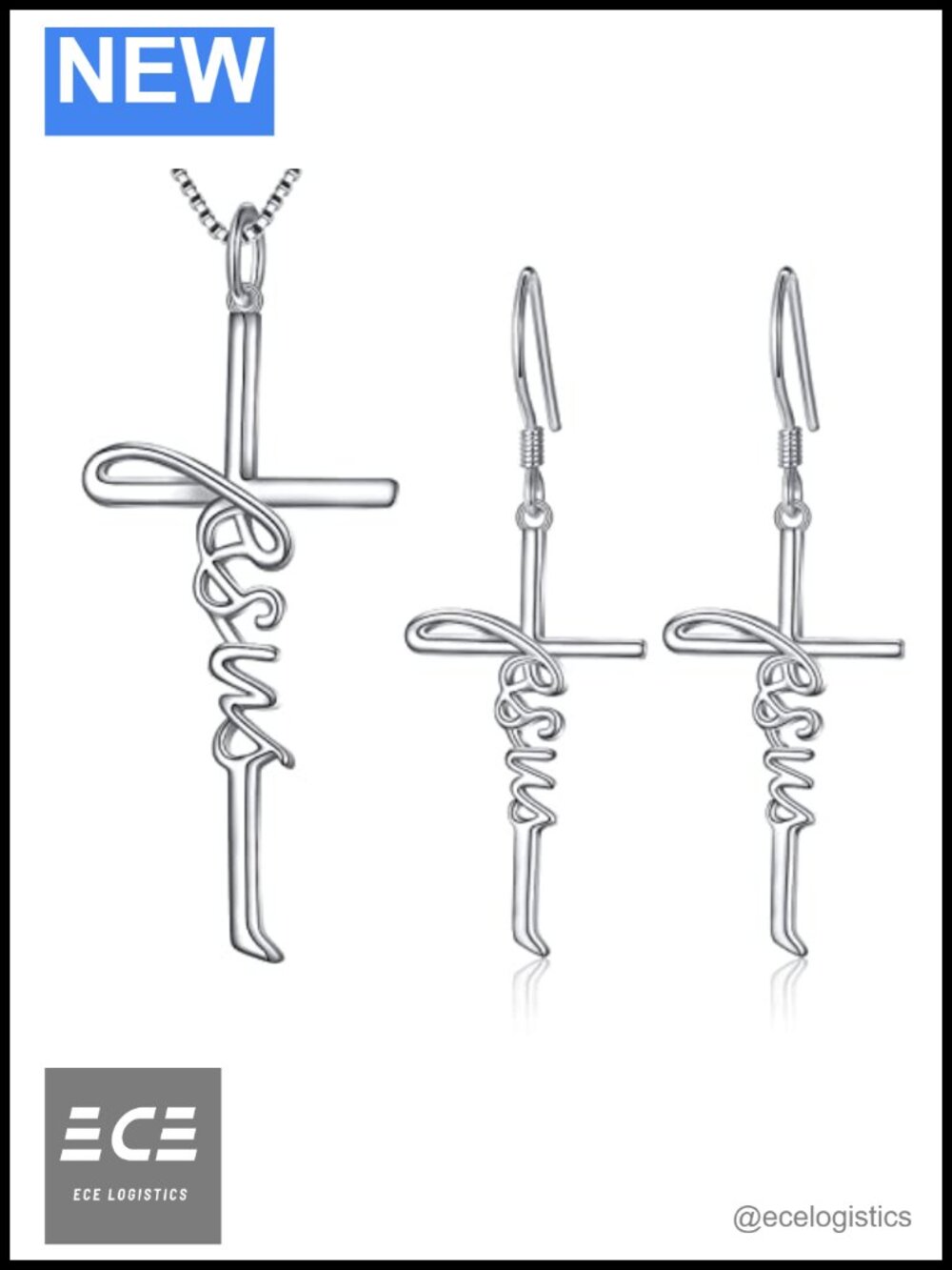 925 Sterling Silver Jesus Cross Earrings Necklace Set for Women